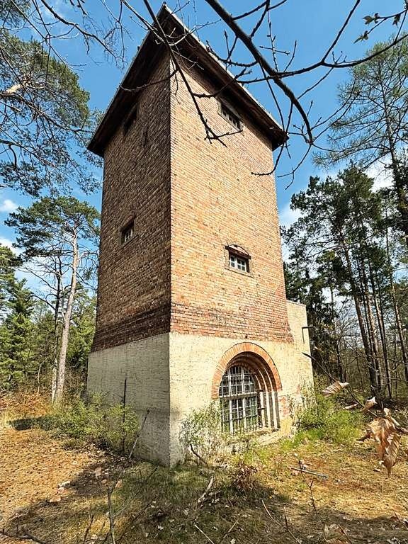 Der denkmalgeschützte Wasserturm aus Backstein mit Rundbogenfenster, umgeben von Kiefern